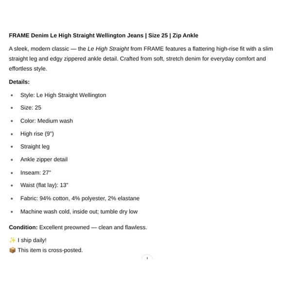 Frame Denim SZ 25 Le High Straight Wellington Jeans Zip Ankle - Picture 8 of 8
